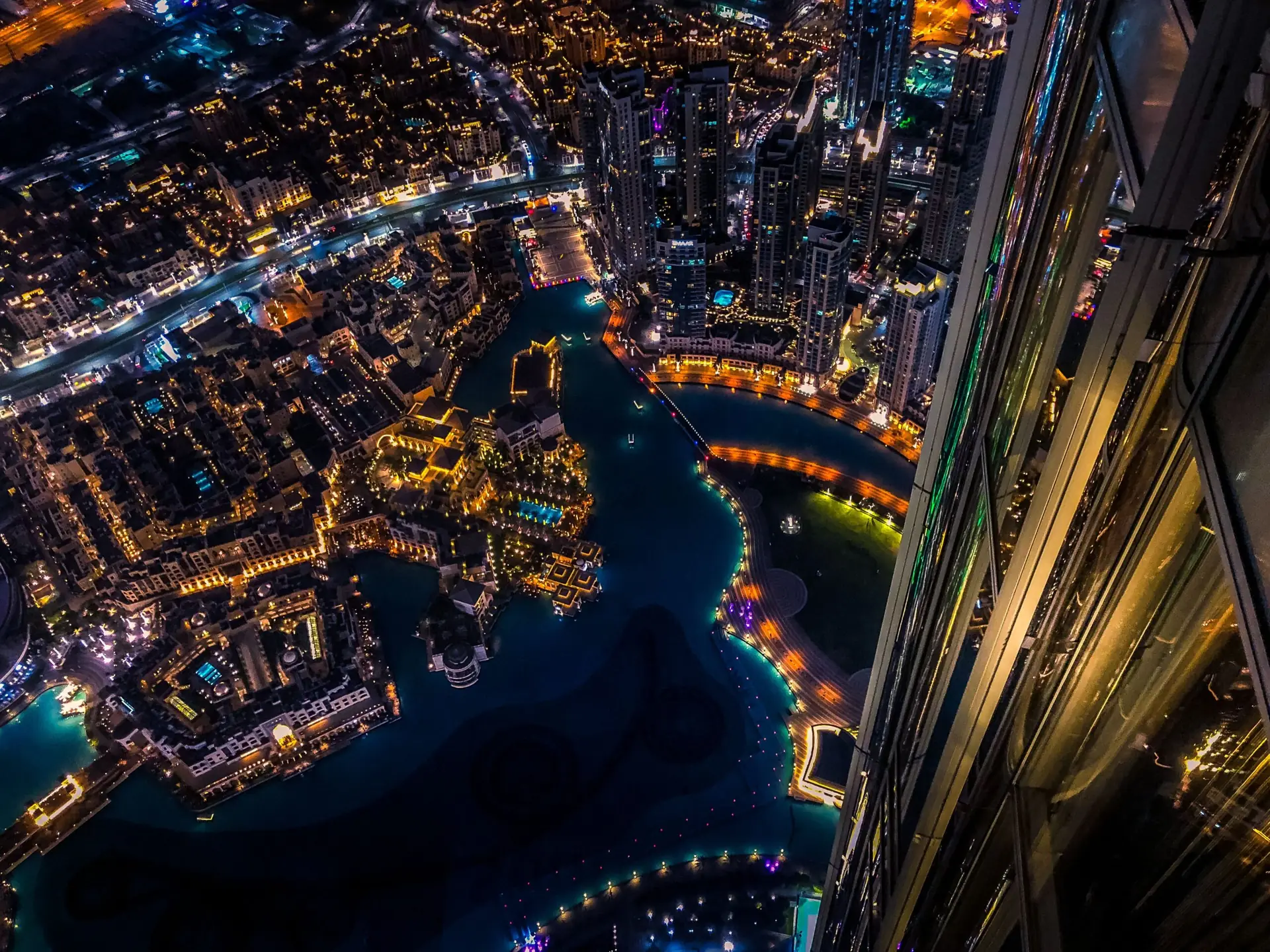 Aerial view of a modern city at night