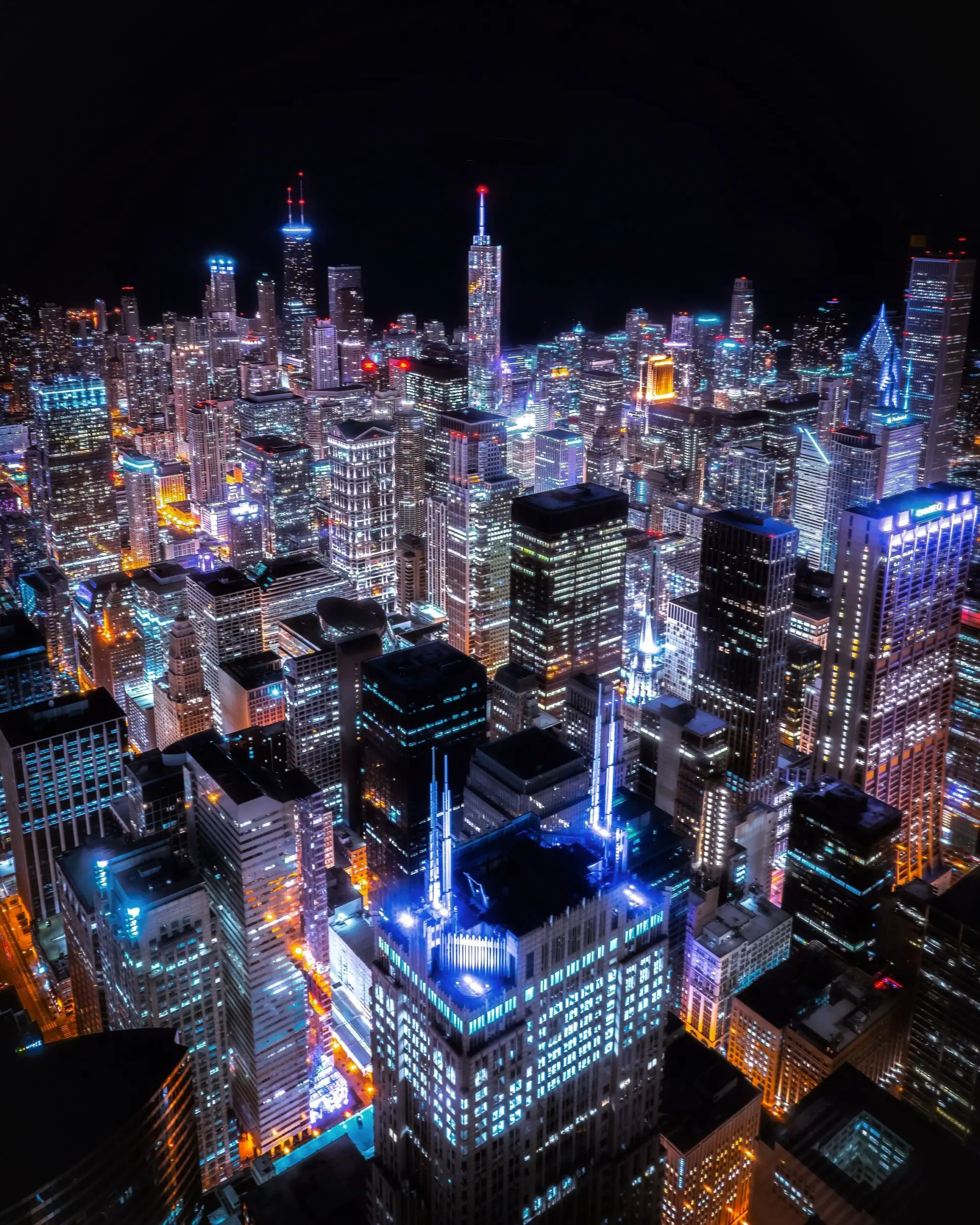 City towers lit at night