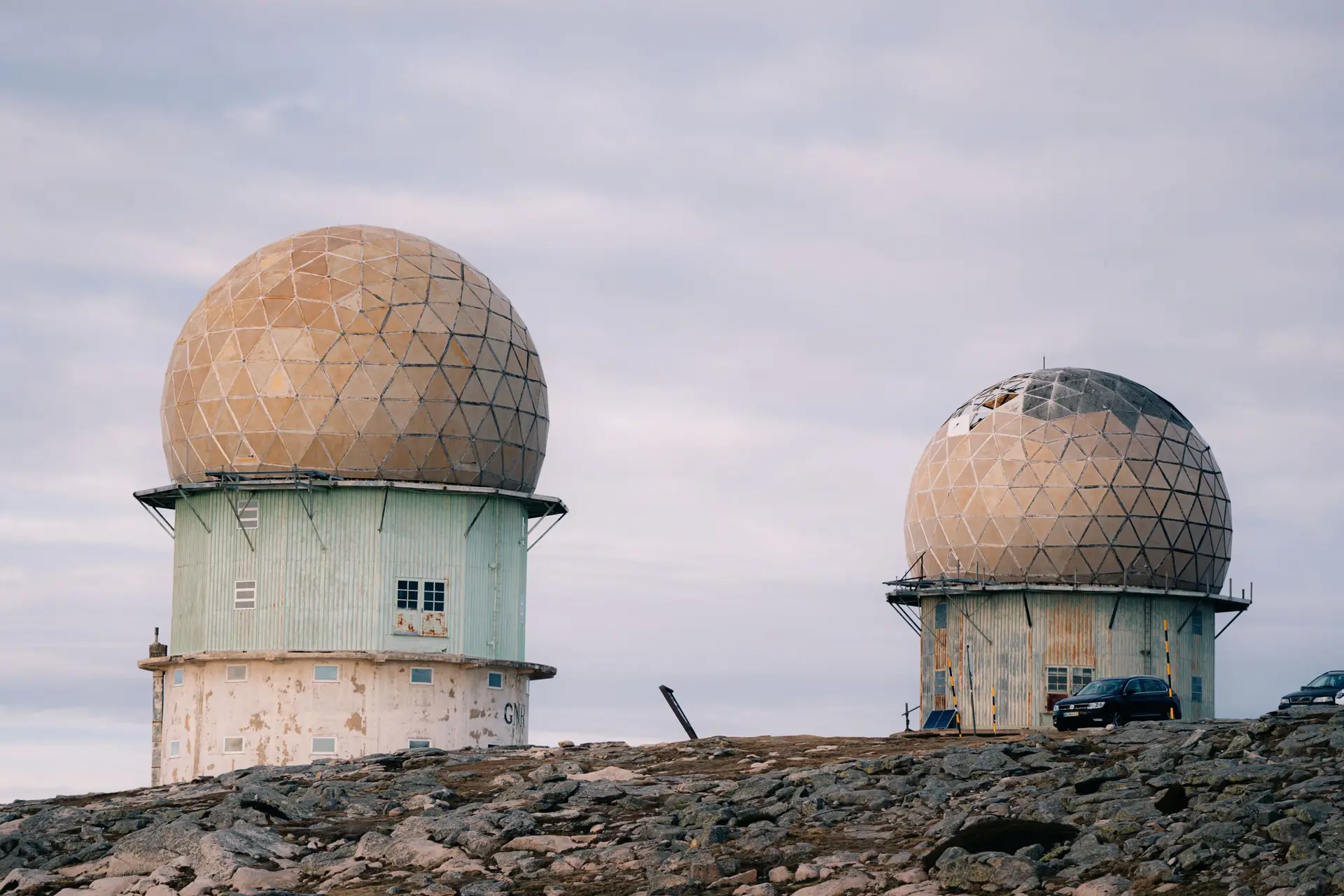Radar domes on a hilltop surveillance station